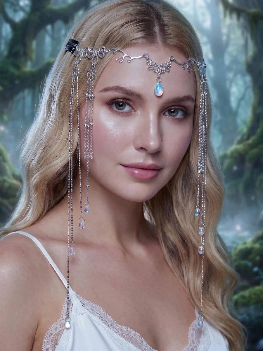 1pc Vintage Elegant Bridal Head Chain, Fairy Costume Accessory Forehead Chain - Silver - View 1