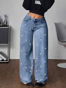 ALO FASHION Jeans casuales de pierna ancha para mujer en mezclilla lavada de alta elasticidad con bordado de lazo, perfectos para el otoño - Azul - Ver 2