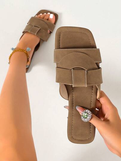 Spring/Summer New Women's Fashion Casual One-Strap Slide Sandals, Comfortable Flat Low Heel Round Toe Minimalist Versatile Beach Slippers For Outdoor Wear