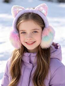 1pc Rainbow Fuzzy Children Ear Muffs, Cute Sequin Cat Ear Girls Headband Earmuffs, Lightweight Ear Warmers For Daily Outdoor Use - Multicolor - View 2