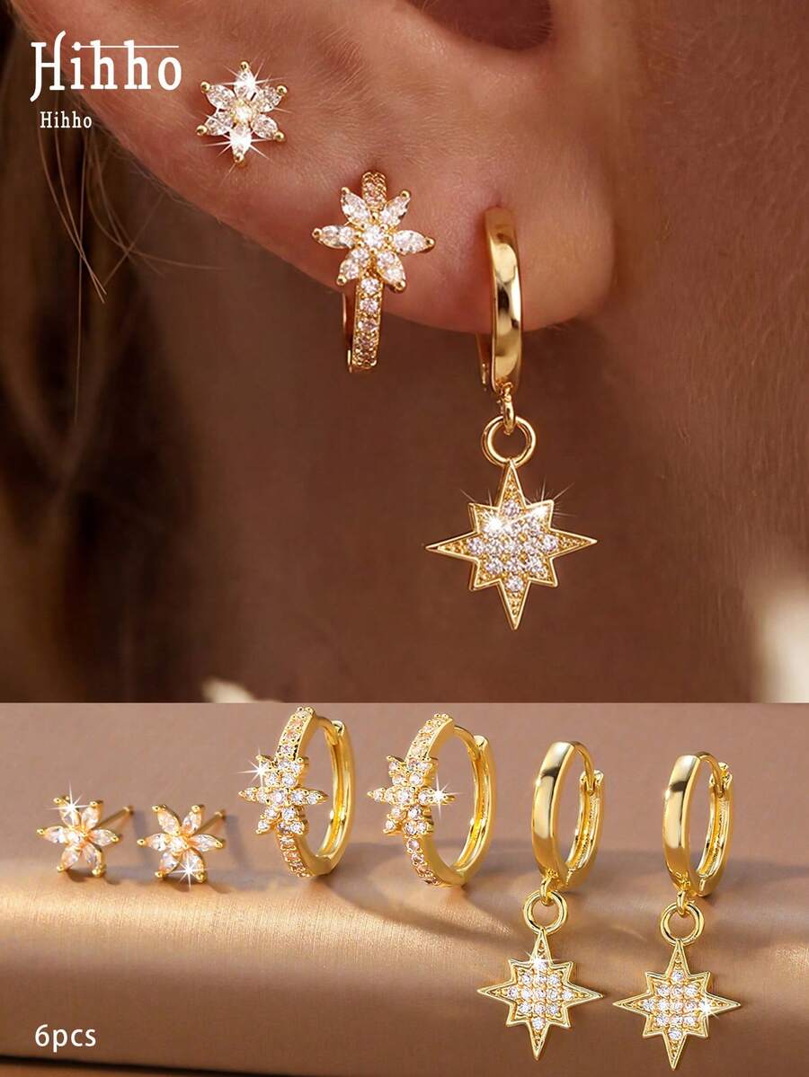Hihho 3 Pairs Exquisite Luxury Style Sparkling Full Zirconia Star Combination Set Earrings, Gold-Plated Material, Six-Pointed Star And Small Flower Design With Densely Inlaid Rhinestone Details, Atmosphere Women's Earrings Suitable For Daily Commute And Shopping - Earring - View 1