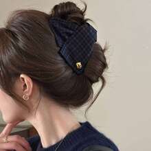 1pc Women's Deep Blue Plaid Triangle Hair Claw Clip Suitable For Thick Hair High-End Hair Claw For Back Of Head - Navy Blue - View 2