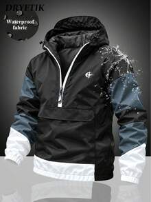 Men's Half-Zip Hooded Pullover Jacket With Chest Graphic Print, Casual Sports Jacket For Walking, Travel, Shopping And Commuting - Dark Grey - View 1