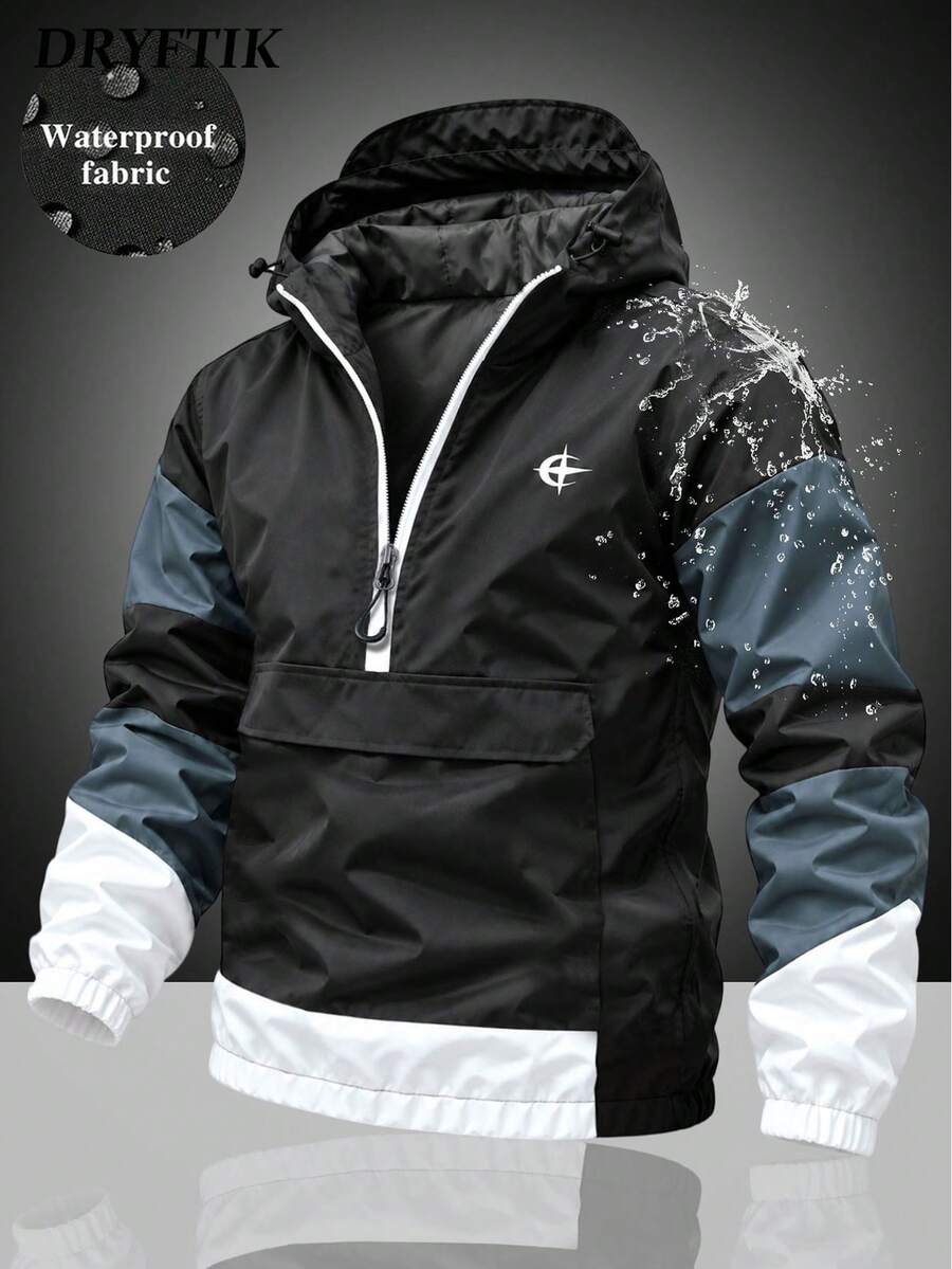 Men's Half-Zip Hooded Pullover Jacket With Chest Graphic Print, Casual Sports Jacket For Walking, Travel, Shopping And Commuting - Dark Grey - View 1