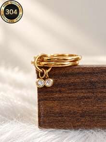 1pc 18K Gold Plated Women's Luxury Sparkling Versatile Double Layer Pendant Ring, 304 Stainless Steel Waterproof Durable, Suitable For Daily Commute, Holiday Gift, Exquisite Jewelry Gift - Gold 1 - View 2