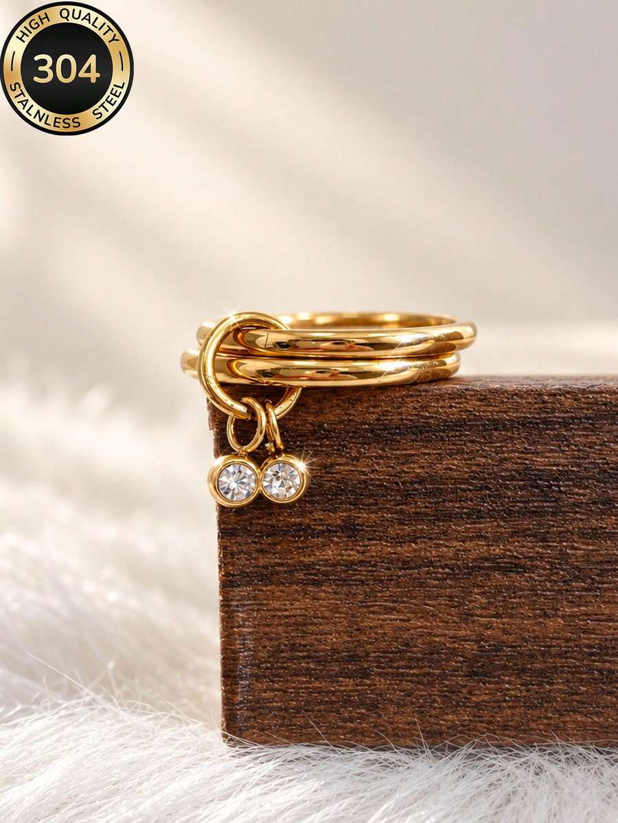 1pc 18K Gold Plated Women's Luxury Sparkling Versatile Double Layer Pendant Ring, 304 Stainless Steel Waterproof Durable, Suitable For Daily Commute, Holiday Gift, Exquisite Jewelry Gift