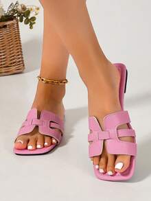 Ximi Ruo 春夏新款女式時尚休閒單帶一字拖鞋，舒適平底低跟圓頭極簡戶外沙灘拖鞋，百搭裝飾平底涼鞋 - 粉色 - 查看 6