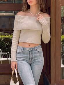 DONICY Atasan Sweater Rajut Pendek Lengan Panjang Model Lipat Bahu Terbuka Warna Oat untuk Wanita, Blus Seksi Pas Badan untuk Pemakaian Sehari-hari di Musim Semi dan Gugur - Aprikot - View 10