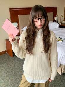 Women's Ribbed Knit V-Neck Long Sleeve Regular Fit Sweater, Autumn/Winter Fashion Top - Apricot - View 5
