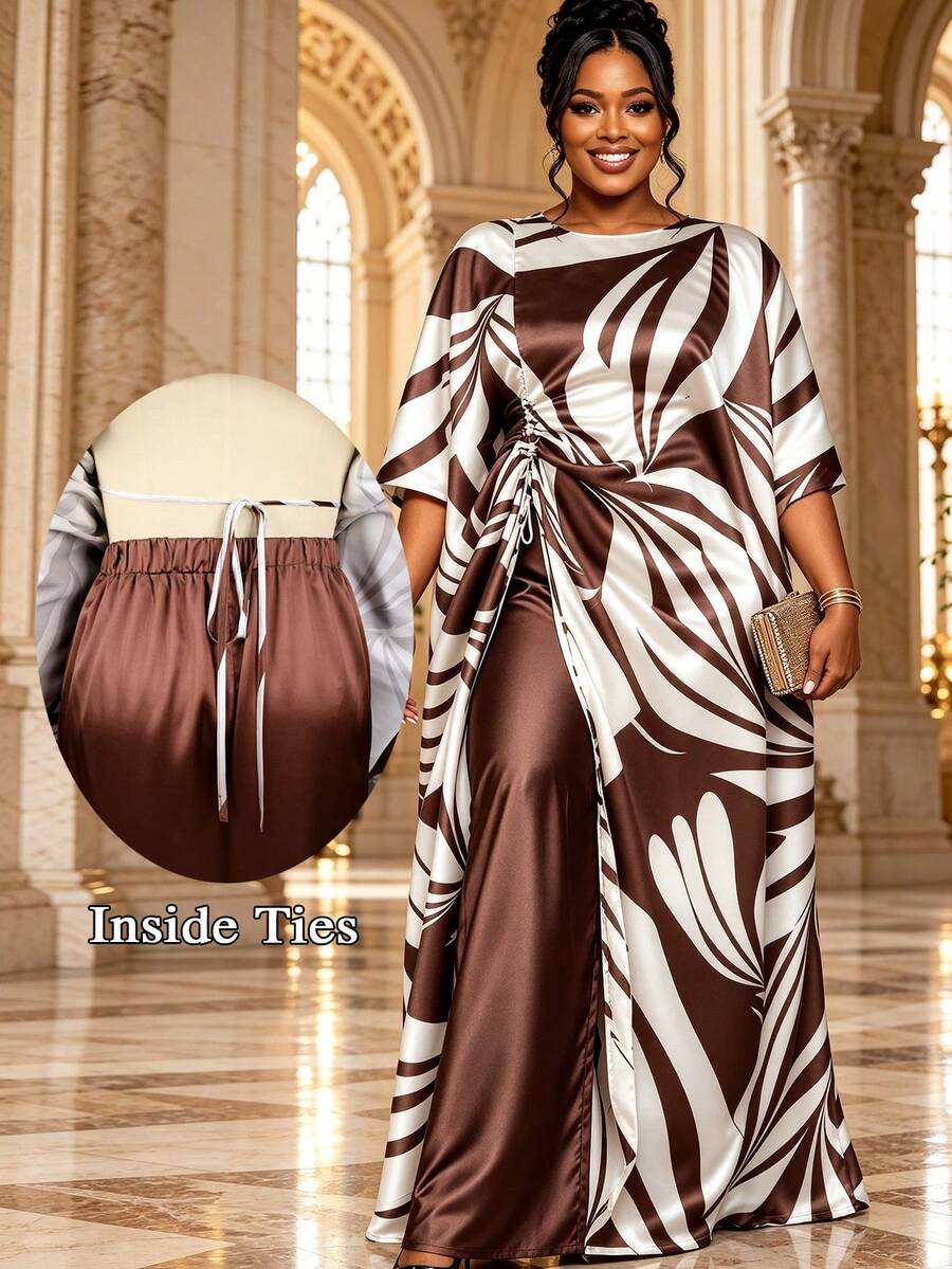 Plus Size 2 Pieces Pants Set Kaftan Top With Drawstring Wide Leg Pants African Print Outfit Elegant Church Wedding Guest Formal Wear New Fashion
