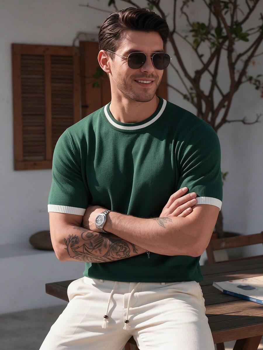 ALTZTAR Men's Round Neck Short Sleeve Solid Color Patchwork Minimalist Casual Knit Top - Green - View 1