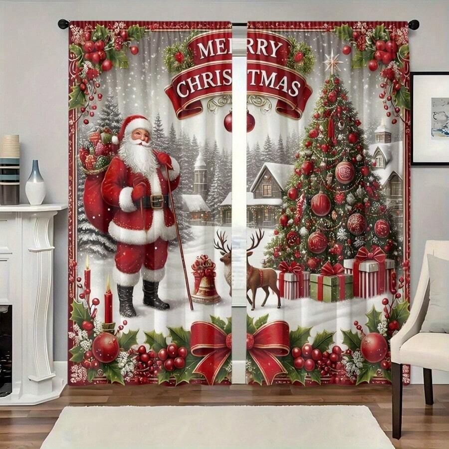 2 Buah, Bahan Poliester, Motif Kado Santa Claus Tercetak, Tirai Penyaring Cahaya, Cocok Untuk Kamar Tidur, Ruang Tamu, Kantor dan Dekorasi Rumah, Desain Kantong Batang, Cocok Untuk Digantung pada Batang Tirai - G - View 1