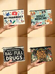 حقيبة سحاب مع طباعة عنصر طبي "MY PHARMACY"، طباعة جمجمة زهرية "ALL MY MEDICAL STUFF"، حقيبة تخزين محمولة للأقراص والأشياء الصغيرة - متعدد الألوان - مشاهدة 1