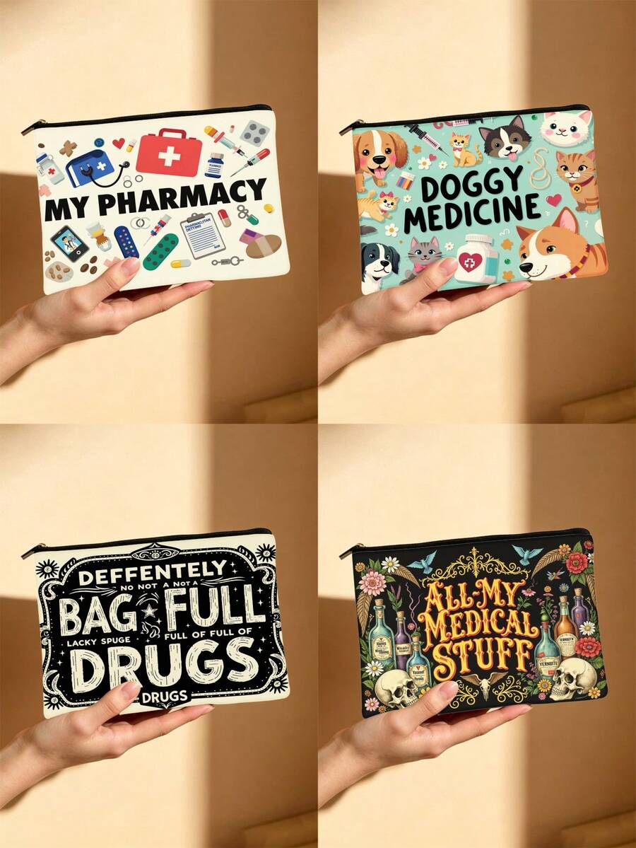 حقيبة سحاب مع طباعة عنصر طبي "MY PHARMACY"، طباعة جمجمة زهرية "ALL MY MEDICAL STUFF"، حقيبة تخزين محمولة للأقراص والأشياء الصغيرة - متعدد الألوان - مشاهدة 1