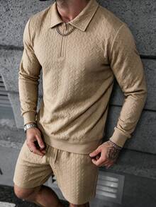 男士人字紋紋理半拉鍊 Polo 套裝，極簡休閒 2 件式日常街頭穿搭 - 卡其色 - 查看 4