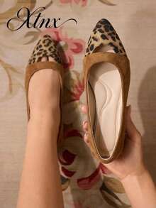 Women's Daily Versatile Hollow Design Leopard Print Patchwork Pointed Toe Low-Cut Flat Ballet Shoes - Brown - View 1