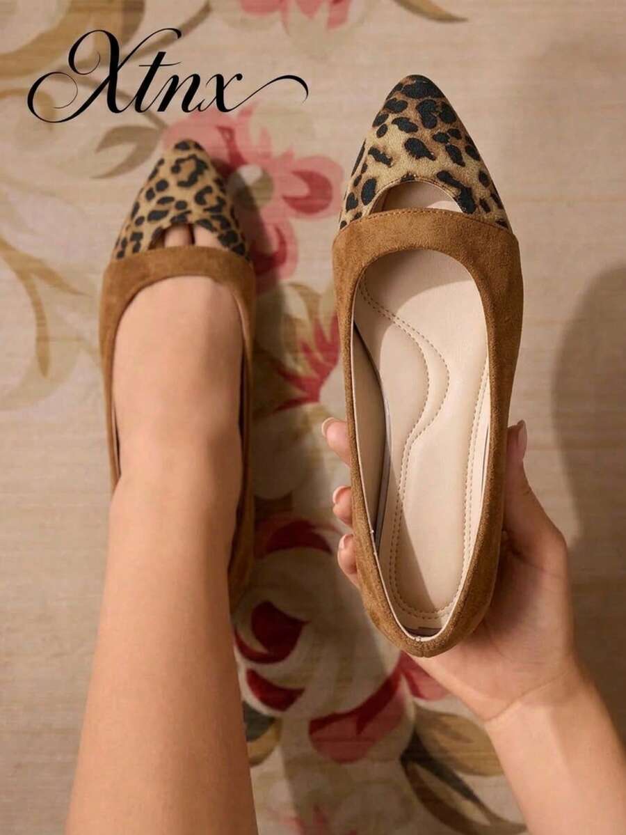 Women's Daily Versatile Hollow Design Leopard Print Patchwork Pointed Toe Low-Cut Flat Ballet Shoes - Brown - View 1