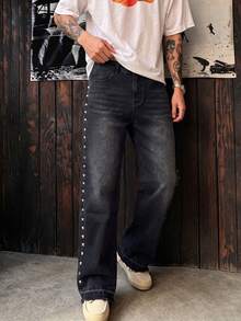 Quần jeans nam ống suông màu đen wash với đinh tán vuông trang trí hai bên, gấu sờn, dáng rộng suông phong cách Y2K punk hip hop casual streetwear - màu đen - Xem 2