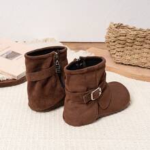Kids Buckle‑Decor Stacked Ankle Boots, Side‑Zipper Wrinkle‑Collar Short Boots For Daily Casual Outing - Coffee Brown - View 5