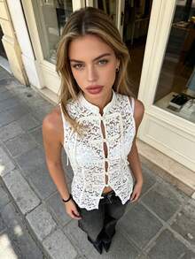 ZAHM White Lace Sleeveless Chinese-Style Vest | Sleeveless Stand Collar Button-Up Chinese Vest | Elegant Layered Spring/Summer Top - White - View 2