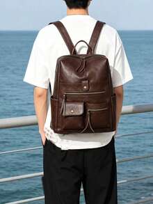 Men's Vintage Leather Backpack, Casual Business Rucksack With Multiple Zipper Pockets, Classic Travel School Bag For Men - Coffee - View 9