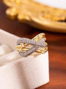 1Pc Gold Color Copper Inlaid Cubic Zirconia Ring, Twisted Intertwined Adjustable Open Band Ring For Women Daily Party Jewelry Gift - Multicolor - View 2