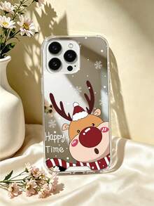 Mirror Finish Phone Case With Cartoon Reindeer Pattern, Silver Shiny Back With Snowflake Design, Happy Time Lettering, Cute Festive Gift For Women - Multicolor - View 1
