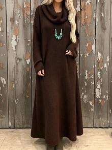 Plus Size Women Solid Color Warm Long Sleeve Ruched Neck Knit Dress, Loose Fit Flattering Everyday Home & Outdoor Versatile Style - Coffee - View 2