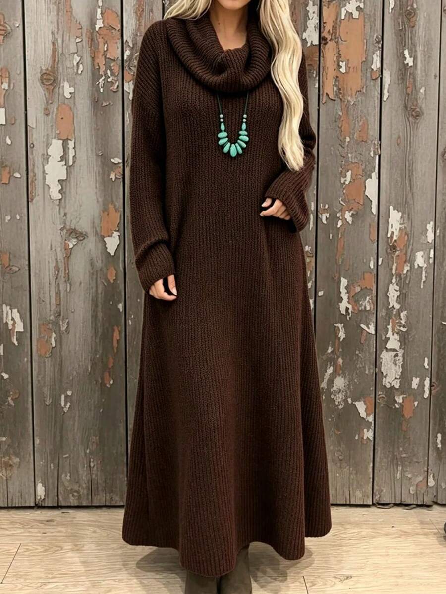 Plus Size Women Solid Color Warm Long Sleeve Ruched Neck Knit Dress, Loose Fit Flattering Everyday Home & Outdoor Versatile Style