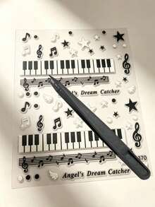 1 Set, Sticker, Retro Musical Theme, Ins Minimalist Style, Black And White Tone, Piano Key, Music Note, Star And Wing Motif, Surface Decoration, For Personal Item Embellishment, Daily Decorative Use - RQ1370 - View 7