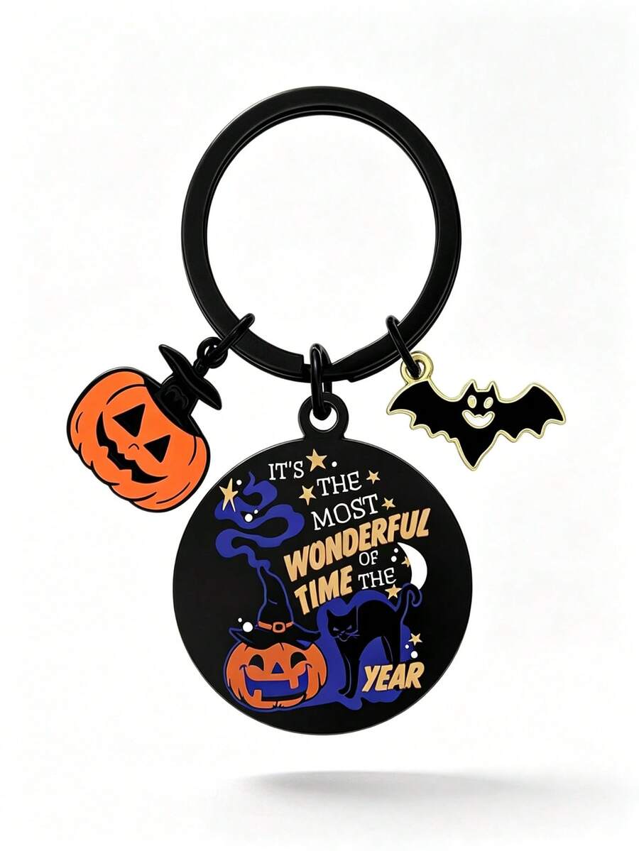 1pc Halloween Pumpkin Bat Keychains, Most Wonderful Time Enamel Charm, Black Key Rings, Car Bag Pendant, Halloween Party Gift - Multicolor - View 1