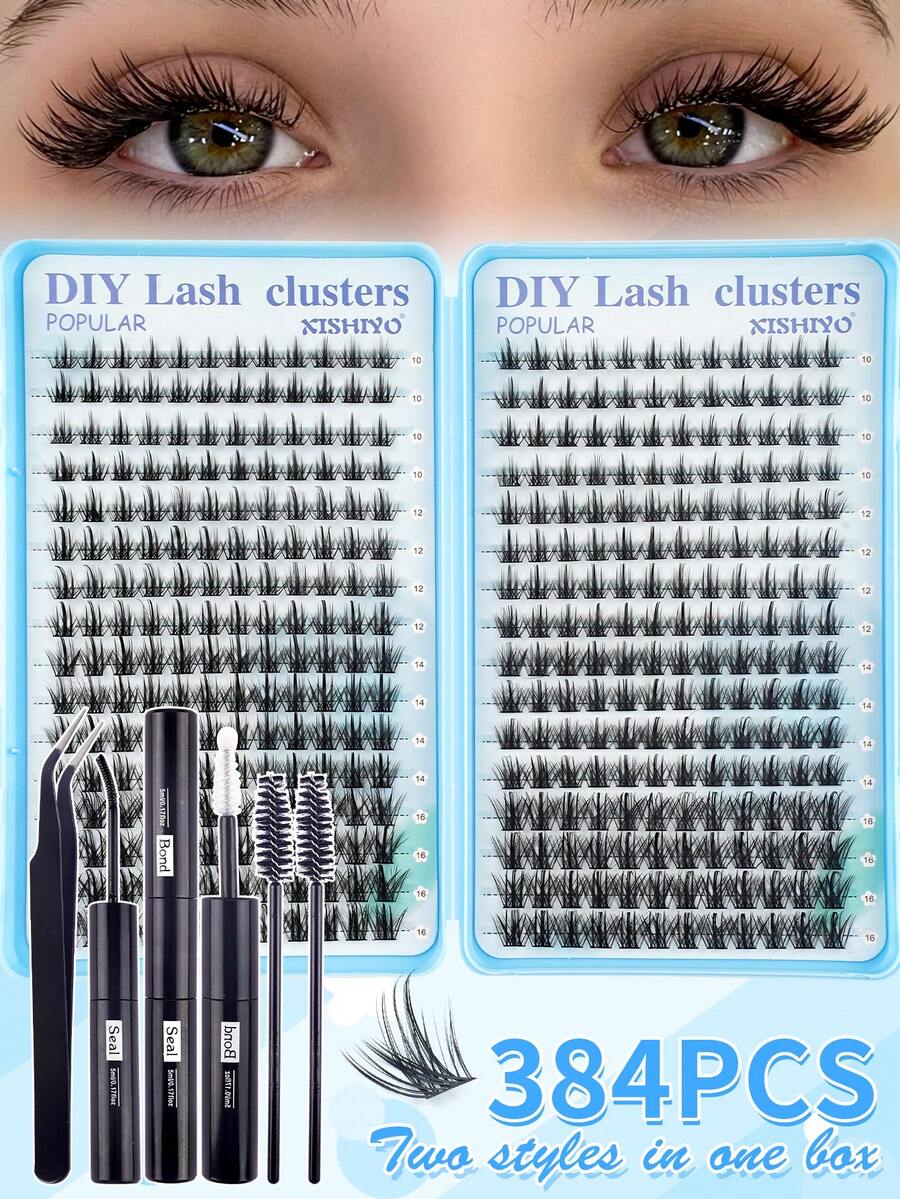 XISHIYO Cluster False Eyelashes Set - Includes 384 Clusters Of Lightweight Wispy D-Curl Single Cluster Lashes (10-16mm), With Soft Eyelash Band, Eyelash Glue And Setting Liquid, Tweezers And Brush, Beginner-Friendly Cluster False Eyelashes Set, Suitable For Home DIY - Create Natural Makeup Look