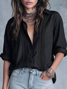 女款秋季編織休閒上衣，波希米亞風純色蕾絲拼接設計，優雅時尚通勤日常出遊襯衫 - 黑色 - 查看 3