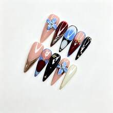 Handcrafted Fall Press On Nails, Contrast Color Blue Wine Red Ombre 3D Floral Fake Nails. Luxury Fall Nails, Long Stiletto Shape, Metallic Gold Line & Rhinestone Decor Reusable Nails - Dusty Blue - View 10