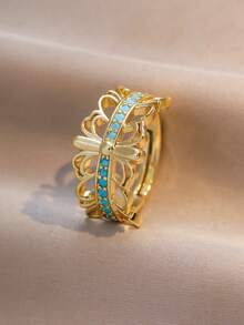 1pc European And American Copper Fashion Luxury Wheat Ear Blue Turquoise Open Adjustable Women's Ring, Flower Leaf Wheat Ear Design, Suitable For Women's Daily, Holiday, Wedding, Party, Birthday, Festival Wear Decoration Or Gift For Friends, Best Friends, Christmas Gift - Royal Blue - View 8