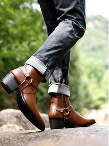 New Men's High Heel Leather Boots, Retro Western Cowboy Boots With Metal Buckle Strap And Side Zipper, Elevated Formal Boots, British Style - Brown - View 5