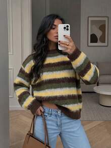 MORI Autumn/Winter Vintage Y2K Elegant Casual Multi-Color Striped Plush Knit Crew Neck Pullover Sweater For Women, Suitable For Outings, Parties, Vacations, Concerts - Multicolor - View 2