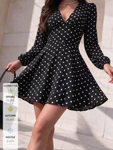 SUNSTORY Women's Autumn Black With White Polka Dot Halter V-Neck Long Sleeve Cinched Waist Flared Short Dress, Suitable For Commuting, Party, Christmas, Daily Outfits - Black - View 6