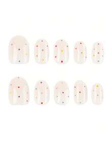24Pcs Hand‑Finished Short Square Press On Nails Fake Nails, Delicate Dot Print Sheer Glossy Full Coverage Nail Tips, Reusable Manicure For Daily Wear Dating Casual Social Occasions - Multicolor - View 2