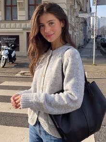Women's Cute Comfortable Plush Knit Cardigan, Button Front Long Sleeve Sweater, Suitable For Halloween, Thanksgiving And Christmas Dates Fall - Grey - View 3