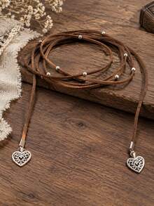 1pc Western Vintage Brown Rope Beaded Silver Heart Pendant Necklace, Bohemian Style Women's Neck Jewelry Suitable For Daily Wear And Party - Multicolor - View 3