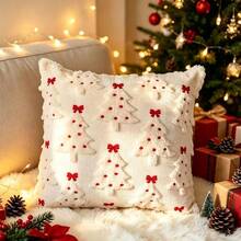 Sarung Bantal Pohon Natal, Sarung Bantal Mewah untuk Sofa - Pohon pinus putih dengan pita merah di puncaknya - View 1