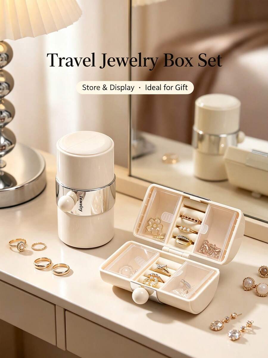Portable Cylindrical Jewelry Box, Mini Travel Jewelry Organizer, Multi-Compartment Earring Ring Necklace Storage Box, Suitable For Women