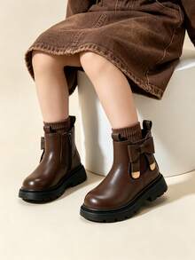 Girls' Brown Bow Chelsea Boots, Thick Sole Anti-Slip Soft Leather Side Zipper Ankle Boots For Autumn/Winter - Brown - View 2