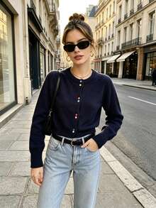 Navy Blue Knit Cardigan Women's Autumn New Style Round Neck Colorful Contrast Button Long Sleeve Short Loose Slimming Commute Sweater - Navy Blue - View 3