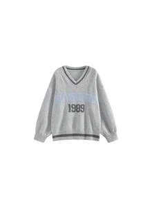 Women's American Retro Collegiate Style Digital Jacquard Knit Sweater, Loose Fit Pullover Tops For Autumn/Winter - Light Grey - View 2
