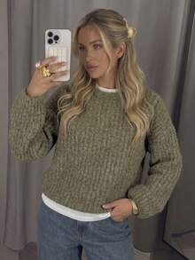 Women's Casual Ribbed Pullover Knit Sweater, Long Sleeve Basic Top For Fall Winter Daily Commute Outfits Basic Blouses Going Out Outfits - Olive Green - View 2