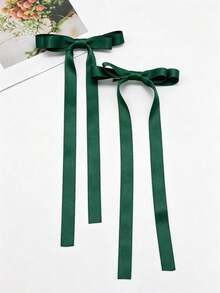 2Pcs Dark Green Satin Bow Hair Clips Long Ribbon Tail Bowknot Barrettes Elegant Women Hair Accessories For Daily Party Hairstyle Decor - Dark Green - View 4