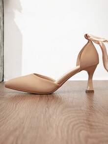 New Fashion Versatile Almond Color Lycra Thin Heel Super High Heel Women's Pointed Toe Pumps With Back Strap - Apricot - View 6