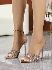 Elegant Thin Stiletto Mules, Women Metallic Rose Gold Pointed Open Toe Rhinestone Decor Slip On Wedding Party Heels - Champagne - View 2
